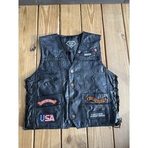 Diamond Plate Buffalo Leather Black Biker Vest w/ Patches Eagle Patch Mens Med